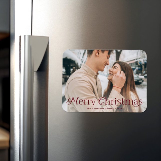 Festive Elegance Burgundy Merry Christmas Photo Magnet (Creator Uploaded)