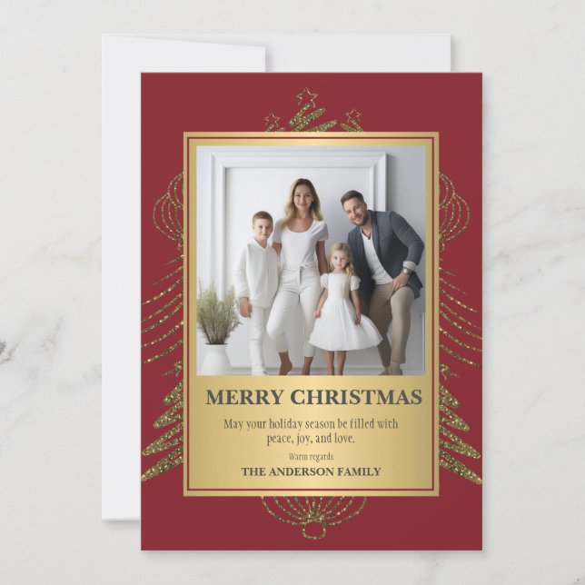 Festive Elegance: Red and Gold Photo Christmas  Holiday Card (Front)