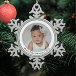 Festive Elegant Photo Baby's First Christmas Snowflake Pewter Christmas Ornament<br><div class="desc">A pretty 'Baby's First Christmas' tree ornament to customize with your baby's photo,  name and the year. This charming decoration makes an elegant addition to your holiday decor,  and a delightful keepsake for years to come.</div>