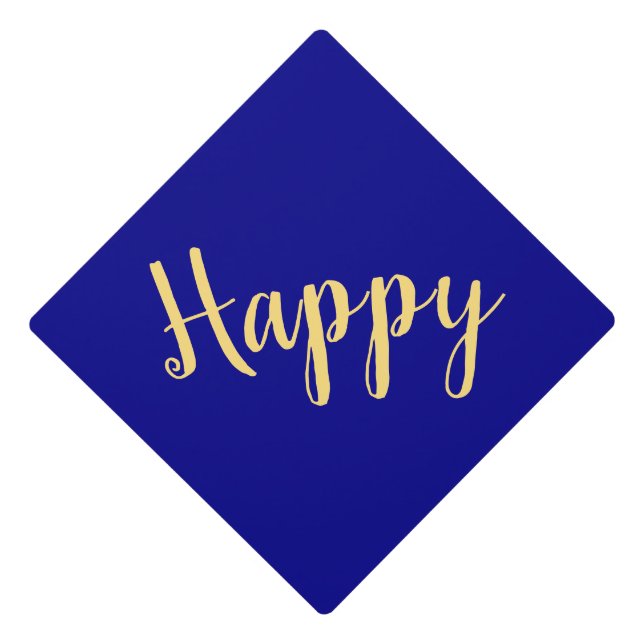 Festive Elegant Royal Blue Warm Happy Script       Graduation Cap Topper (Front)