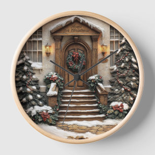 Festive entrance with wreath. clock