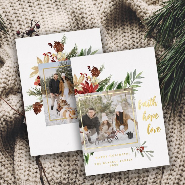 Festive Faith Hope Love 2-Photo Christmas   Foil Holiday Card (Creator Uploaded)