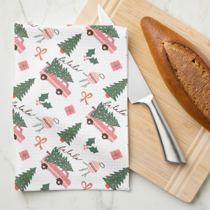 Festive Fala Christmas Tree Vintage Pink Retro Van Kitchen Towel