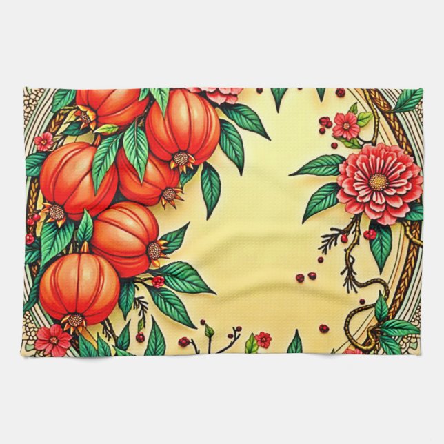 Festive Fall Floral Illustration Design Kitchen Towel (Horizontal)