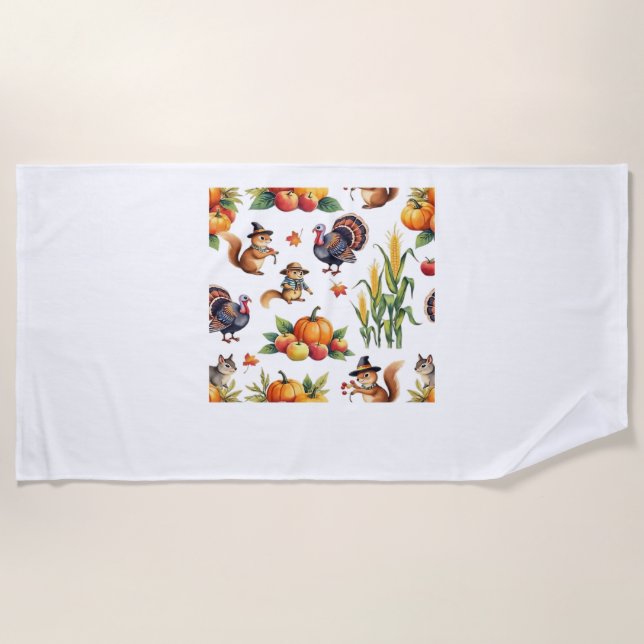 Festive Fall Harvest Watercolor Pattern Classic T- Beach Towel (Front)