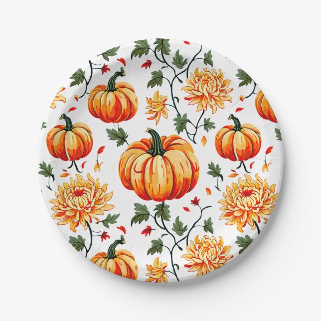 Festive Fall Pumpkins and Chrysanthemums Paper Plate (Front)