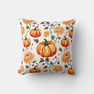 Festive Fall Pumpkins and Chrysanthemums Throw Pillow