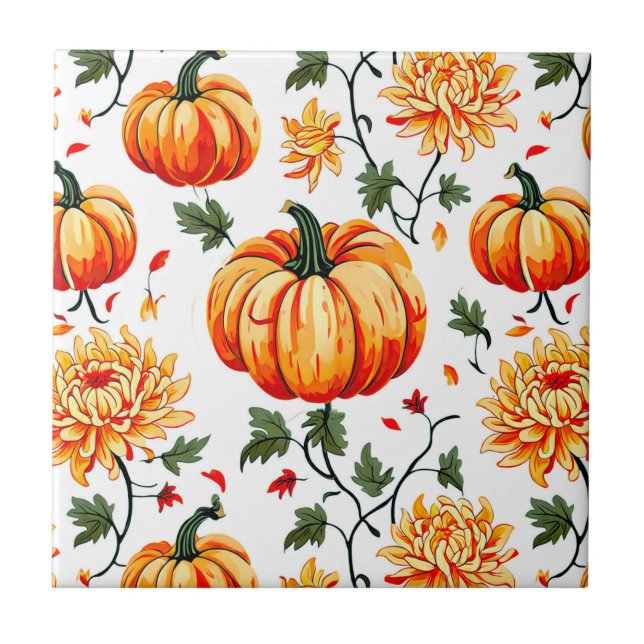 Festive Fall Pumpkins and Chrysanthemums Tile (Front)