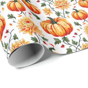 Festive Fall Pumpkins and Chrysanthemums Wrapping Paper