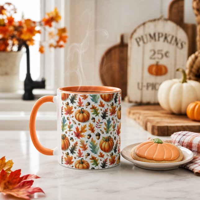 Festive Fall Pumpkins and Leaves on White  Mug (Creator Uploaded)