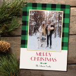 Festive Family Custom Photo Green Christmas Card<br><div class="desc">Vintage style Christmas card,  ready for you to personalize with your own favourite photo! Featuring a traditional Buffalo Plaid check pattern in green and black,  and a cute festive dog illustration inside. The text on the front,  inside and back can be customized.</div>