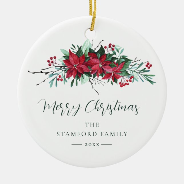 Festive Family Poinsettia Christmas Holidays Ceramic Ornament (Front)