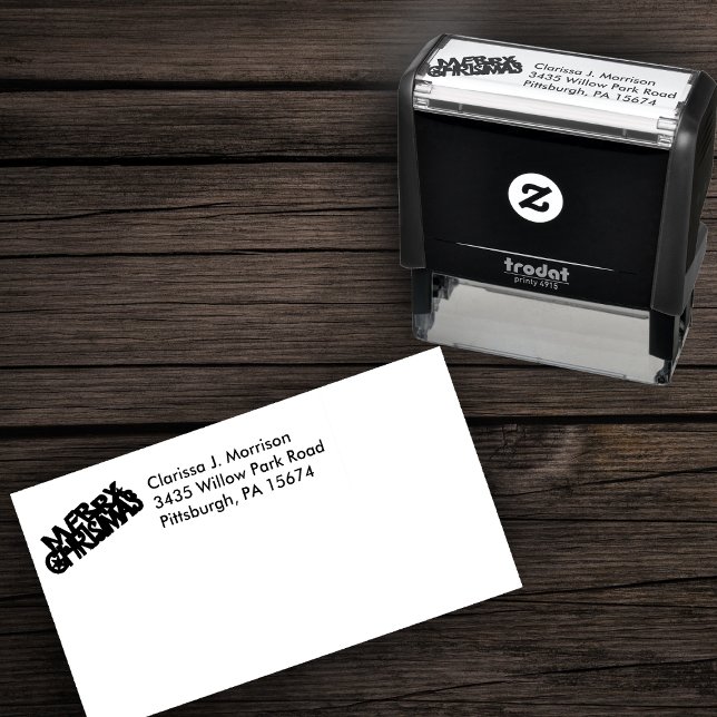 Festive Fancy Letters Merry Christmas Stars Self-inking Stamp (Merry chrismtas festive fancy letters on self inking return address stamp.)