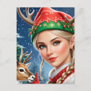 Festive Fantasy blonde woman and deer Christmas Postcard