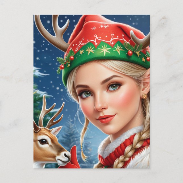 Festive Fantasy blonde woman and deer Christmas Postcard (Front)