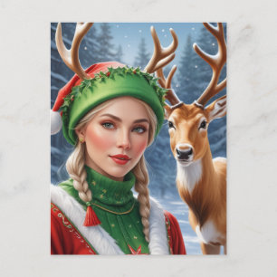 Festive Fantasy blonde woman and deer Christmas Postcard