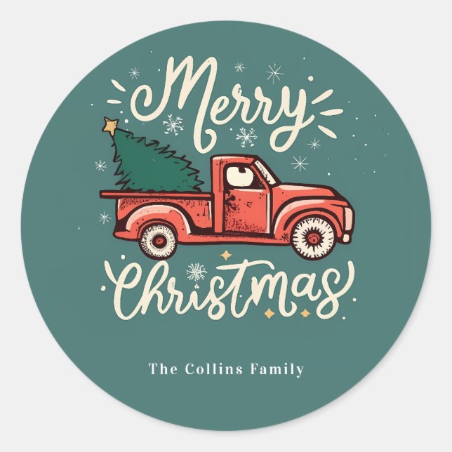 Festive Farm Truck Christmas Tree  Classic Round Sticker (Front)