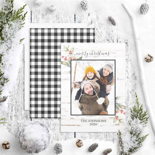 Festive Farmhouse Merry Christmas Plaid Photo Holiday Card (Creator Uploaded)