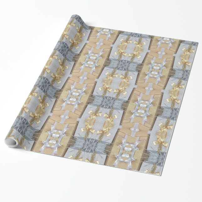 Festive Faux Gold Silver Ribbon Pattern Christmas Wrapping Paper (Unrolled)