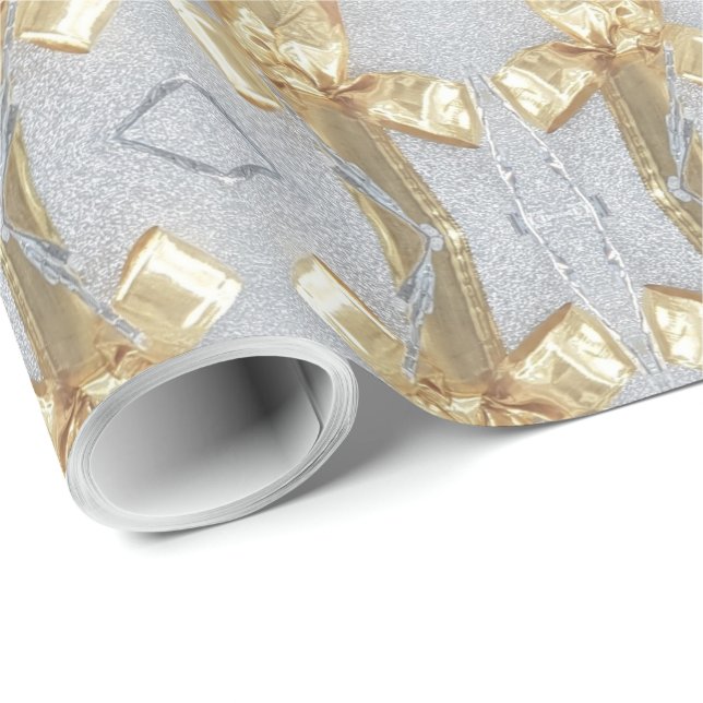Festive Faux Gold Silver Ribbon Pattern Christmas Wrapping Paper (Roll Corner)