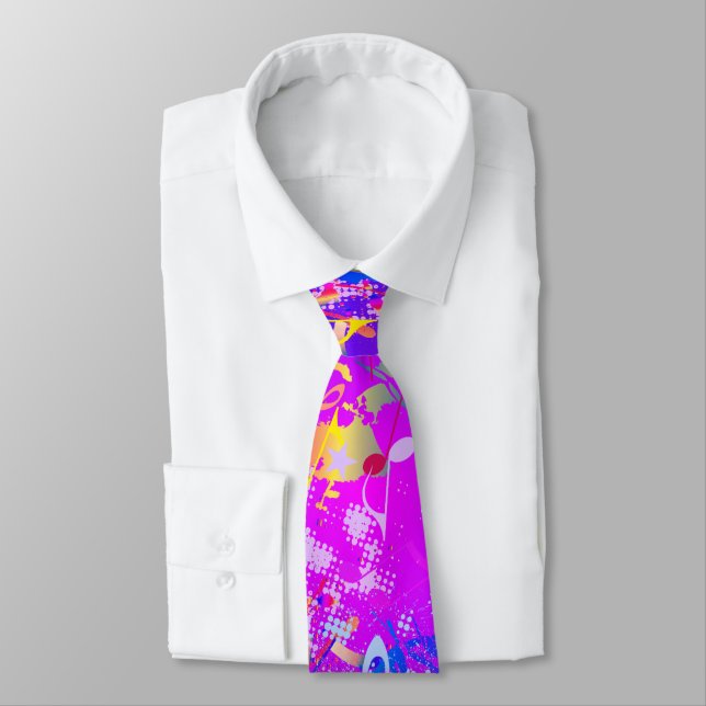 Festive Faux Neon Paint Splatter with Music Notes Tie (Tied)