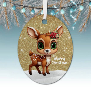 Festive Fawn Golden Sparkle Xmas Holiday Decor🎄🦌 Metal Ornament