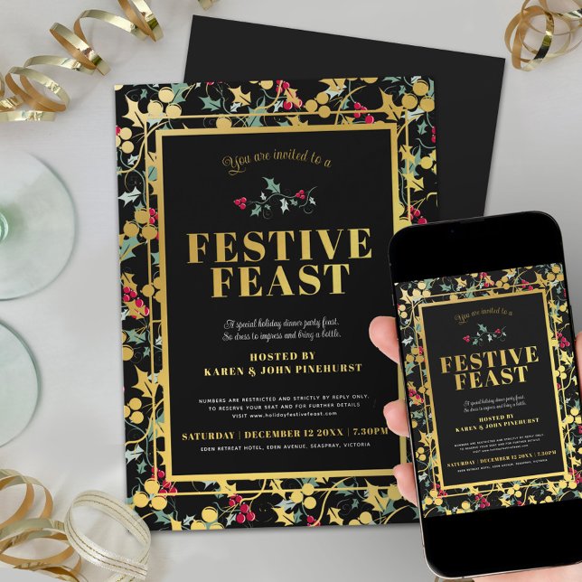 Festive Feast black gold berries Christmas dinner Invitation (Creator Uploaded)