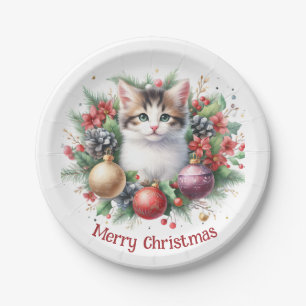 Festive Feline in a Holiday Wreath 5 -  Paper Plate