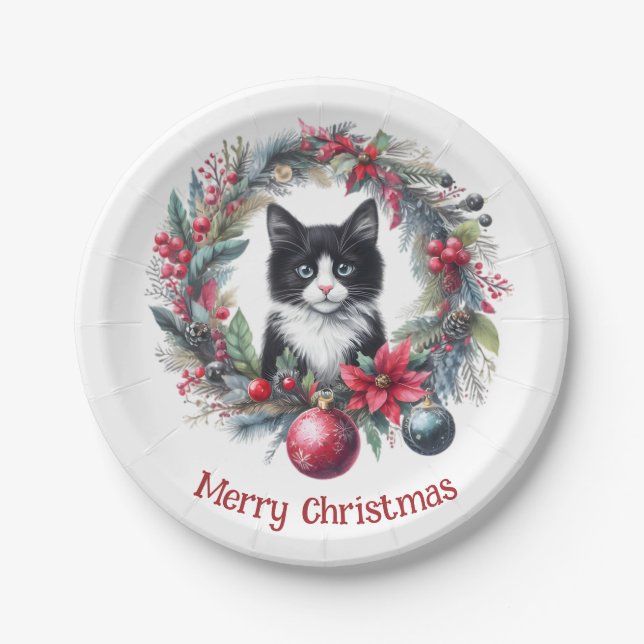 Festive Feline in a Holiday Wreath 6 -  Paper Plate (Front)