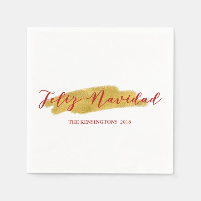 Festive Feliz Navidad Gold Foil Brush Stroke Napkin (Front)