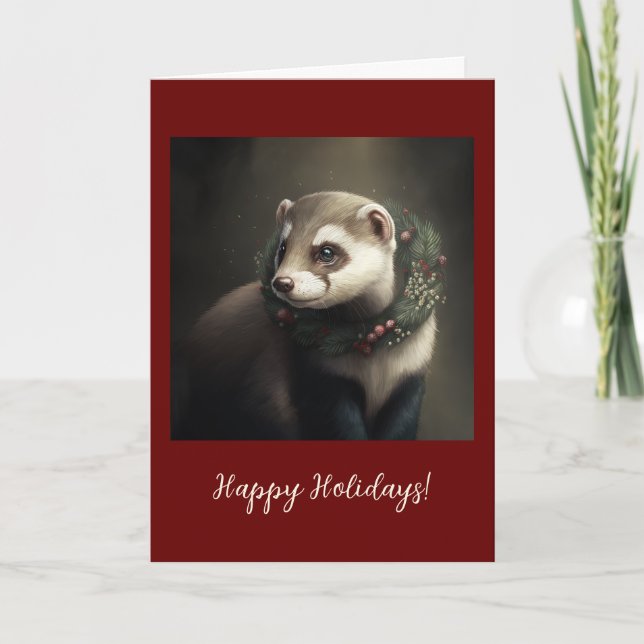 Festive Ferret Pet Folded Holiday / Christmas Card (Front)