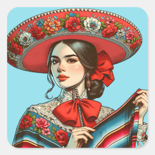 Festive Fiesta Mujer Mariachi Party Favor Square Sticker