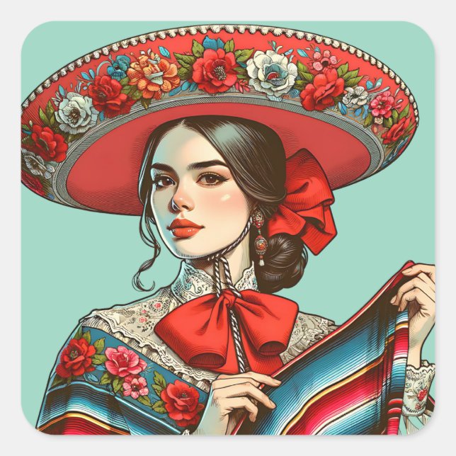Festive Fiesta Mujer Mariachi Party Favour Square Sticker (Front)