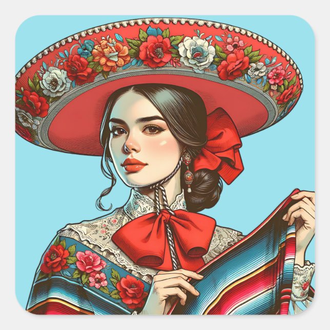 Festive Fiesta Mujer Mariachi Party Favour Square Sticker (Front)