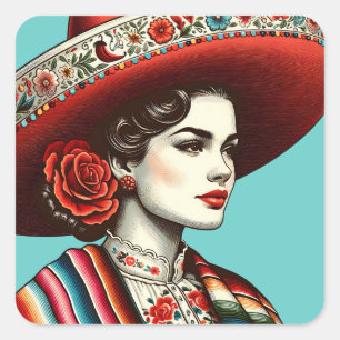 Festive Fiesta Vintage Mexican Woman Party Favour Square Sticker
