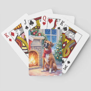 Festive Fireplace Boxer Christmas Art Playing Cards