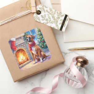 Festive Fireplace Boxer Christmas Art Square Sticker