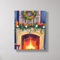Festive Fireplace Christmas Wreath Watercolor