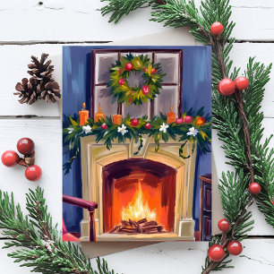Festive Fireplace Christmas Wreath Watercolor Holiday Card
