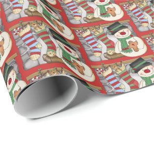 Festive fireplace snowman Christmas tiled wrap Wrapping Paper