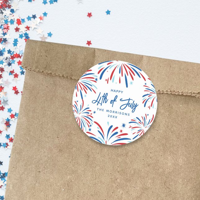 Festive Fireworks Custom 4th of July Party  Classic Round Sticker (Creator Uploaded)