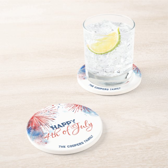 Festive Fireworks Happy 4th of July Custom Name Coaster (Side)