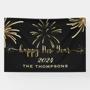 Festive Fireworks Happy New Year Black and Gold Banner