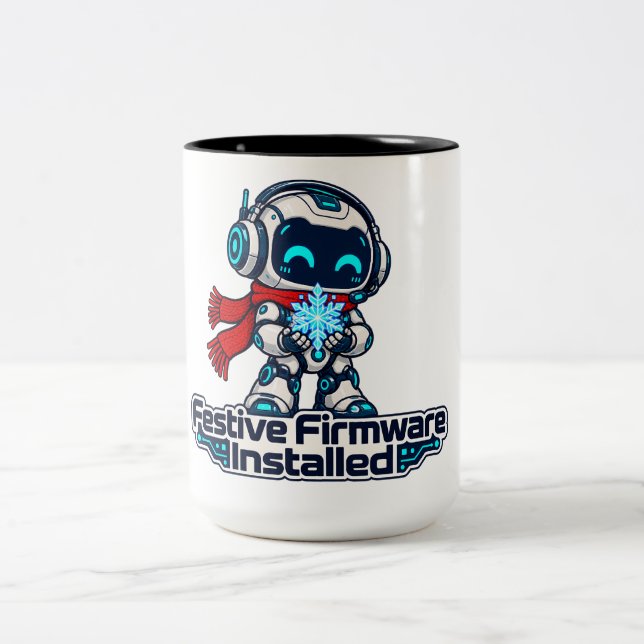 Festive Firmware Installed Cute Winter Robot Two-Tone Coffee Mug (Center)