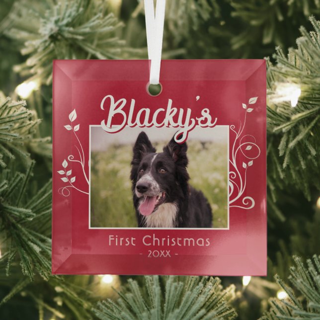 Festive First Christmas Puppy Foliage Red Photo  Glass Ornament (Insitu)
