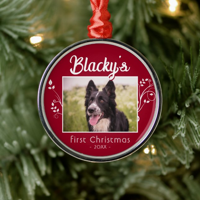 Festive First Christmas Puppy Photo Foliage Red Metal Ornament (Tree)