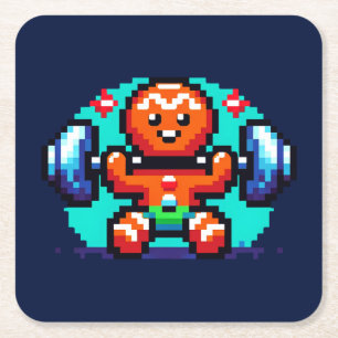 Festive Fitness Gingerbread Retro 8-Bit Christmas Square Paper Coaster