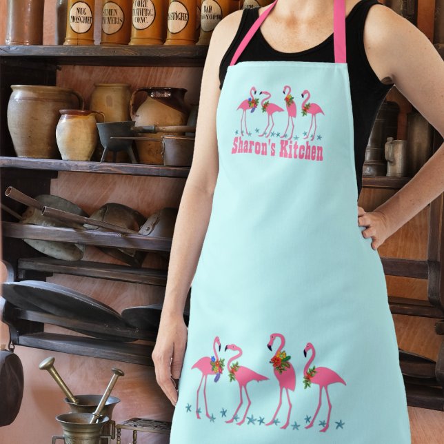 Festive Flamingos Personalized Blue Apron (Creator Uploaded)