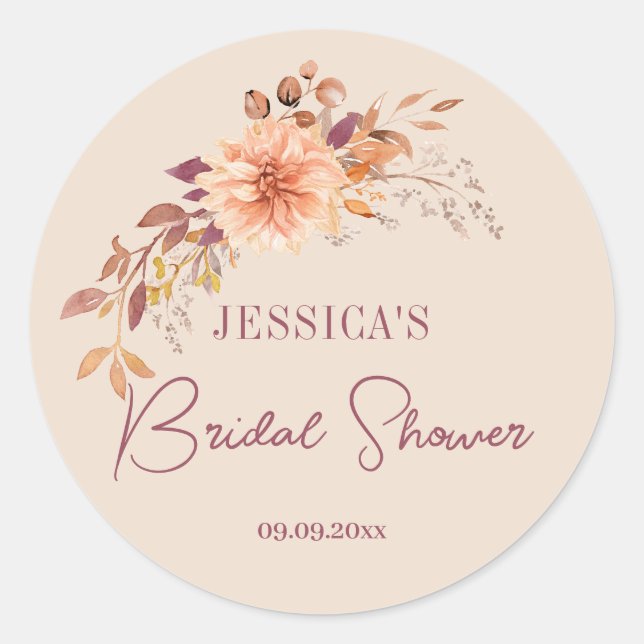 Festive Floral Fall Boho Bridal Shower Favours Classic Round Sticker (Front)