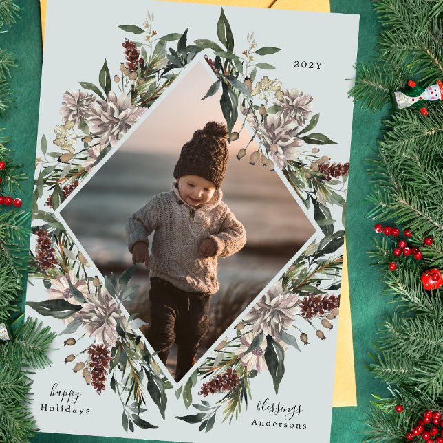 Festive Floral Geometric Frame Holiday Photo Card (Creator Uploaded)